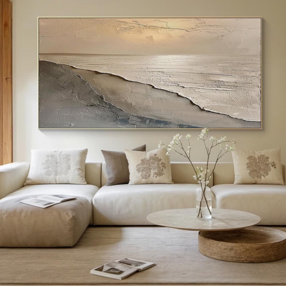 3D Textured Wabi Sabi Ocean Wall Art – Minimalist Earth Tone Canvas Painting, Coastal Beach Sand Art for Modern Living Room Decor