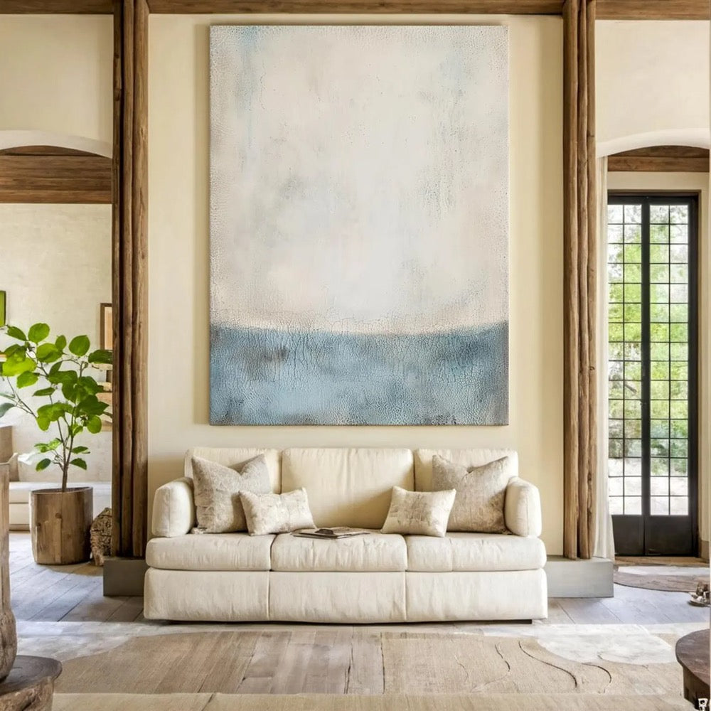 Wabi Sabi Cracked Texture Abstract Art – Light Blue and Beige Minimalist Wall Painting for Modern Living Room