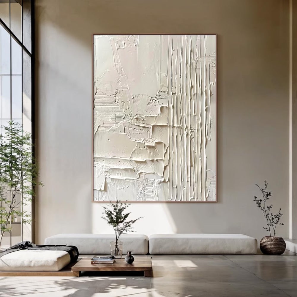 Large Beige Wabi Sabi Textured Neutral Wall Art – Beige Minimalist Plaster Relief Painting, Modern Living Room Decor
