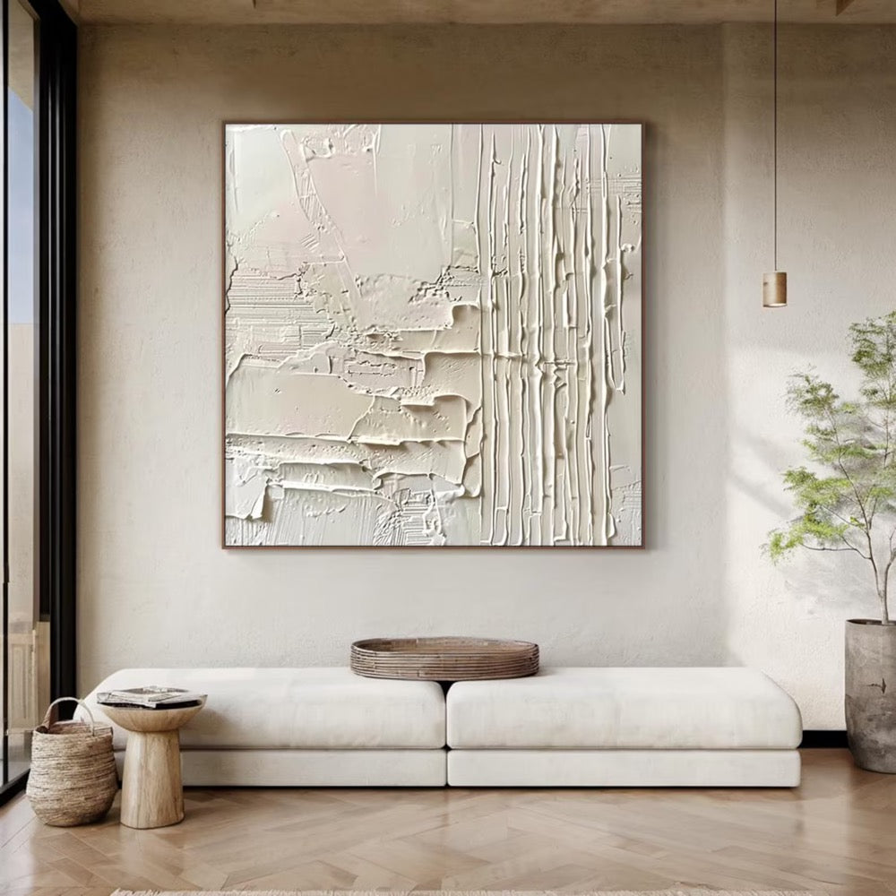 Large Beige Wabi Sabi Textured Neutral Wall Art – Beige Minimalist Plaster Relief Painting, Modern Living Room Decor
