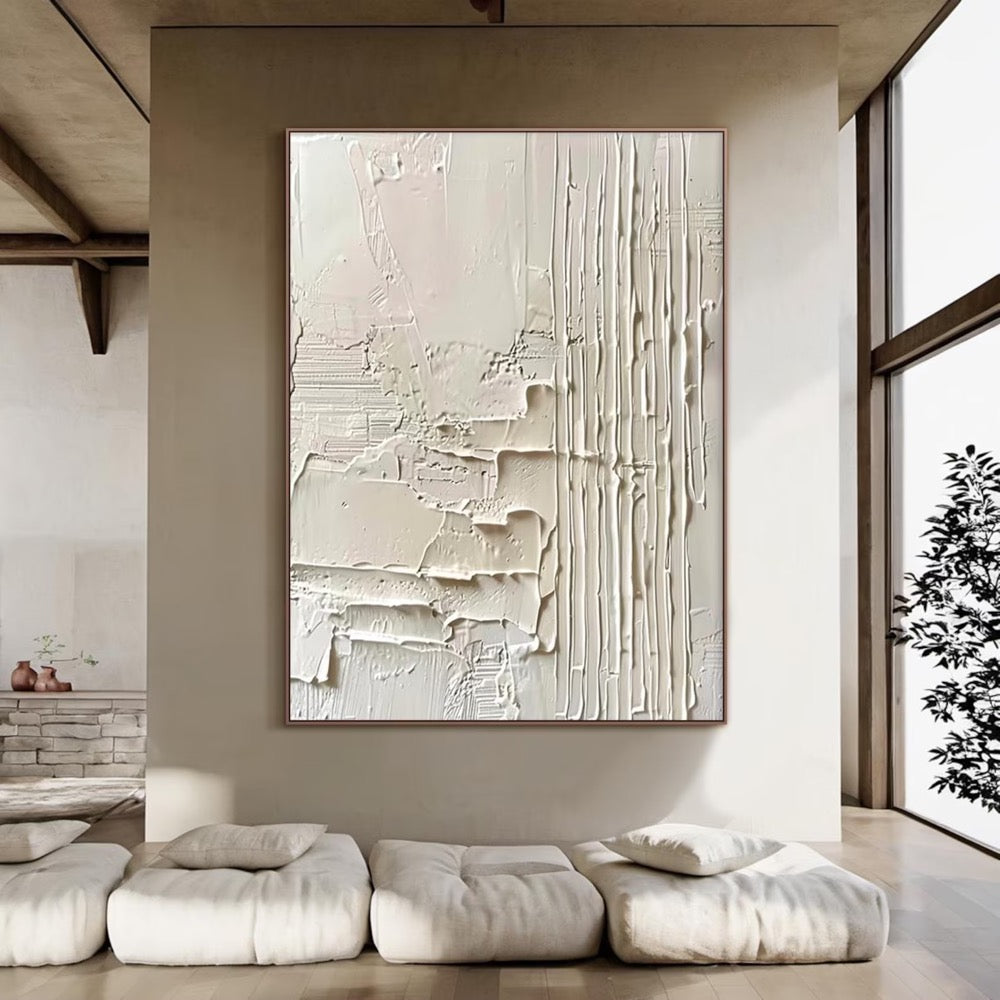 Large Beige Wabi Sabi Textured Neutral Wall Art – Beige Minimalist Plaster Relief Painting, Modern Living Room Decor