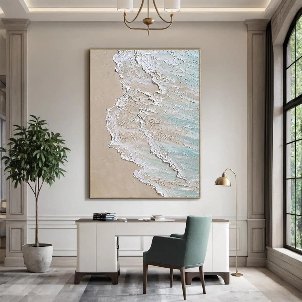 Large white textured abstract art, blue ocean oil painting, beige beach handmade painting on canvas, modern natural living room decor