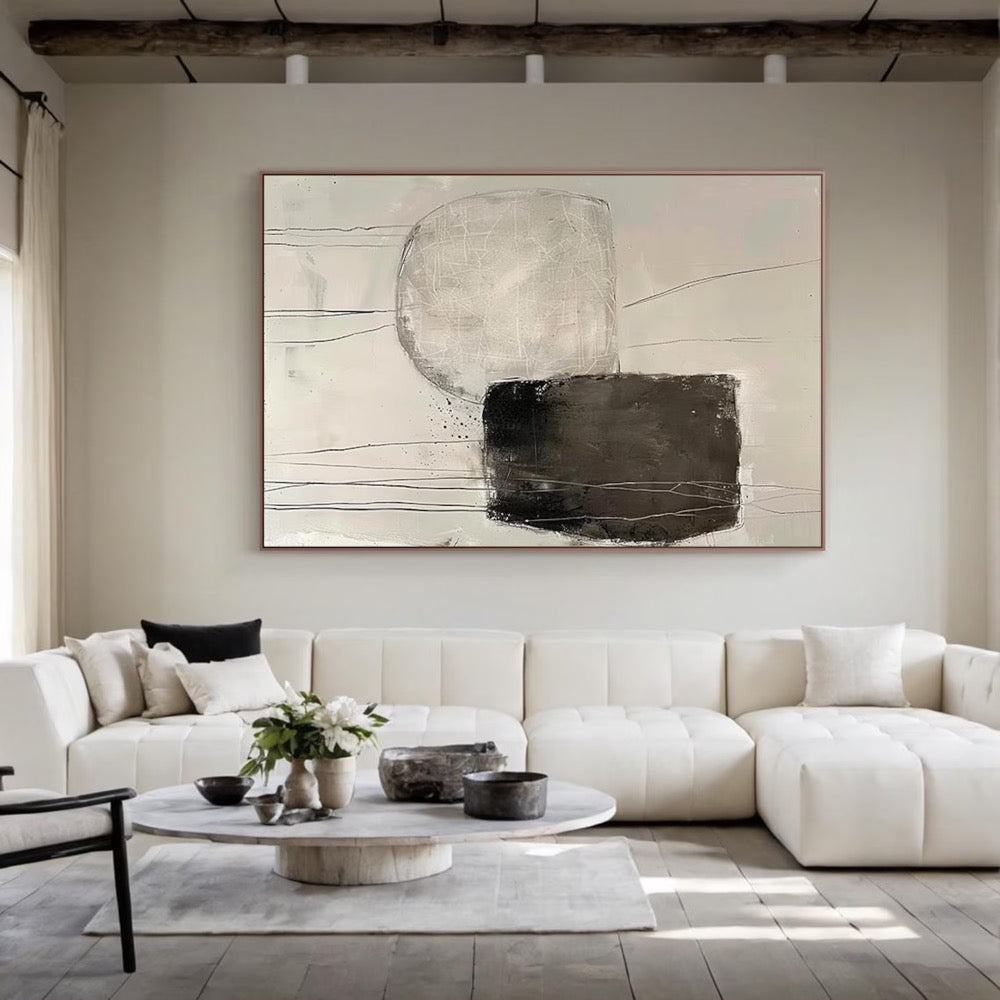 Minimalist Abstract Black and White Painting on Canvas, Modern Neutral Wall Art, Large Contemporary Artwork