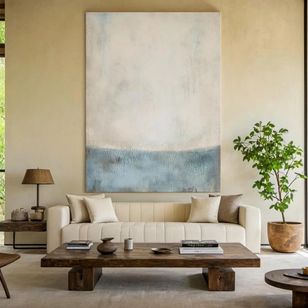 Wabi Sabi Cracked Texture Abstract Art – Light Blue and Beige Minimalist Wall Painting for Modern Living Room