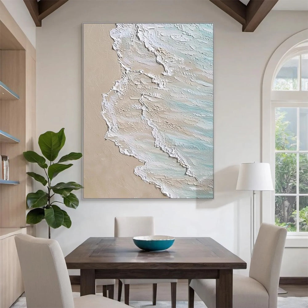 Large white textured abstract art, blue ocean oil painting, beige beach handmade painting on canvas, modern natural living room decor