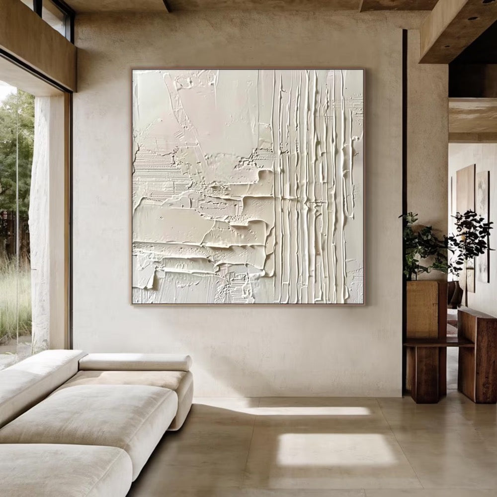 Large Beige Wabi Sabi Textured Neutral Wall Art – Beige Minimalist Plaster Relief Painting, Modern Living Room Decor
