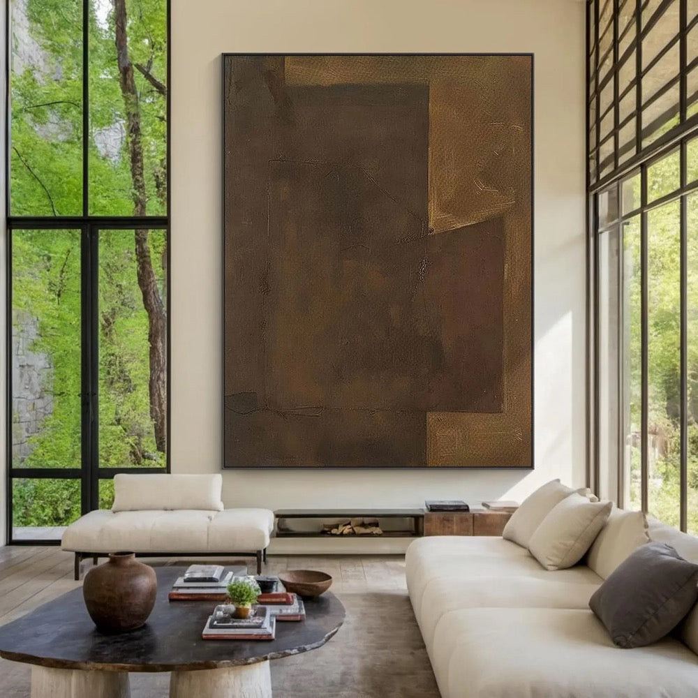 Large brown abstract oil painting decorative painting, light brown canvas simple handmade painting, modern living