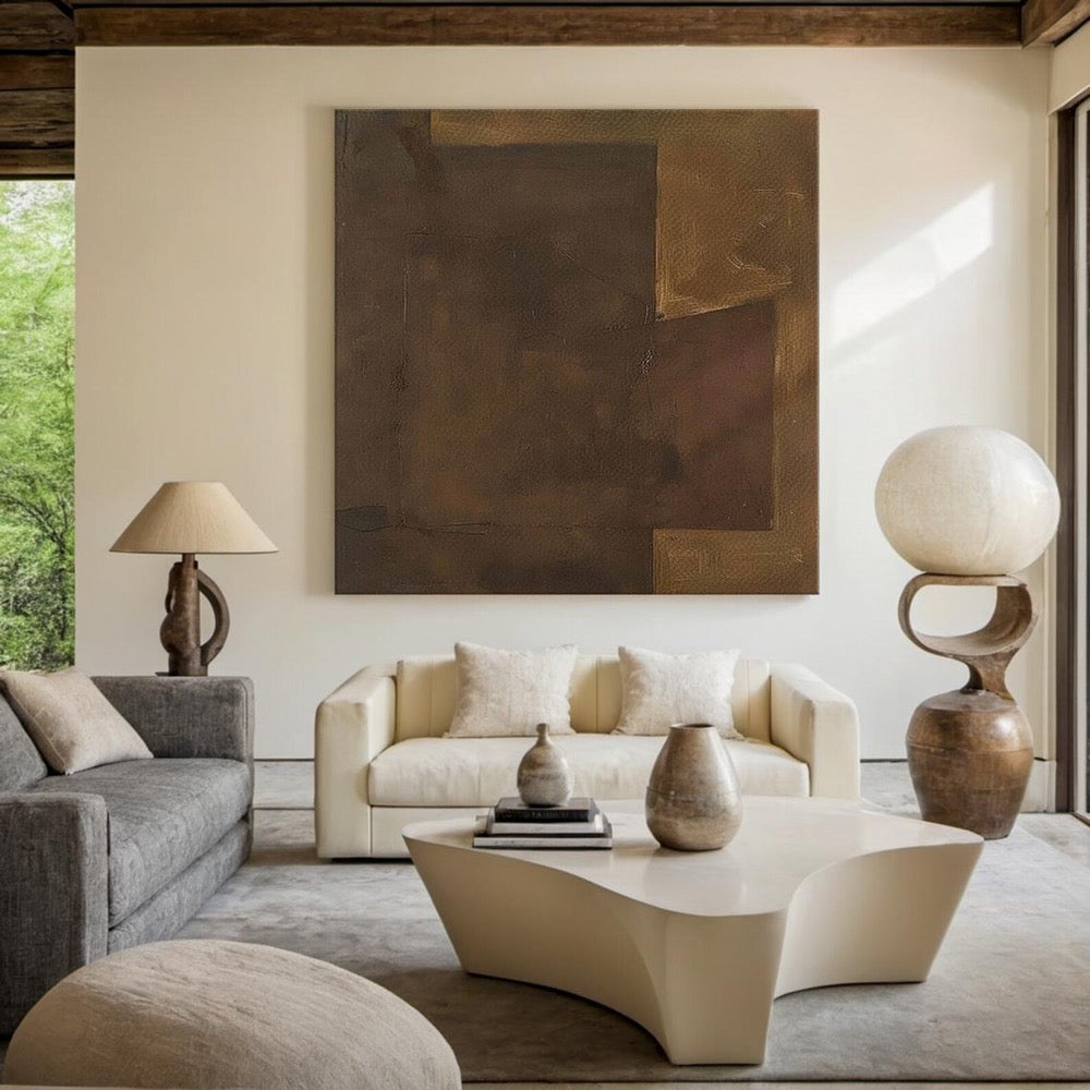 Large brown abstract oil painting decorative painting, light brown canvas simple handmade painting, modern living