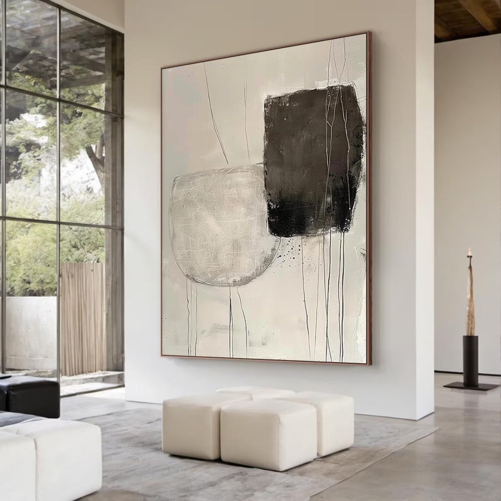 Minimalist Abstract Black and White Painting on Canvas, Modern Neutral Wall Art, Large Contemporary Artwork