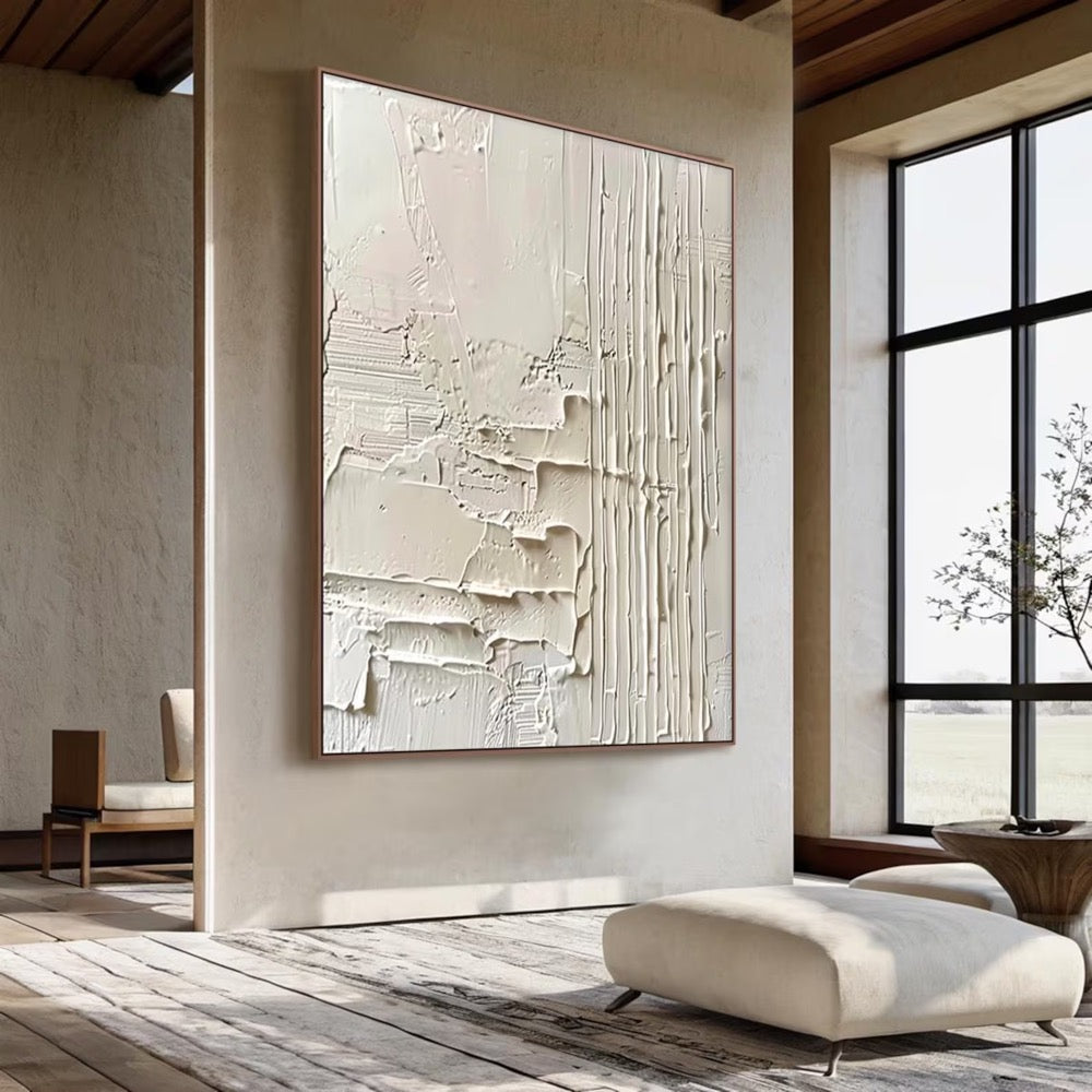 Large Beige Wabi Sabi Textured Neutral Wall Art – Beige Minimalist Plaster Relief Painting, Modern Living Room Decor