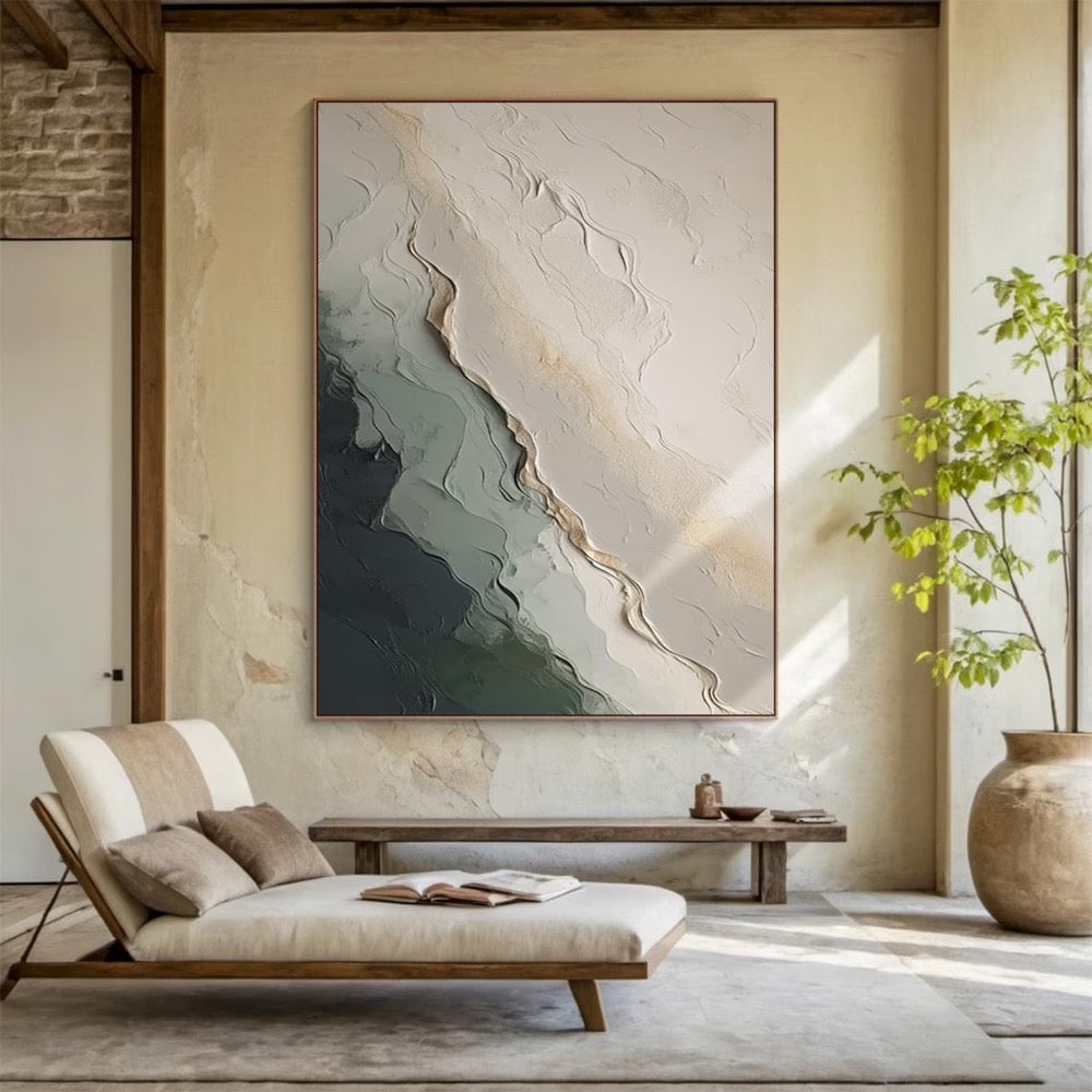 Large Abstract Textured Oil Painting on Canvas, Modern Neutral Beige Green Wall Art, Minimalist 3D Artwork for Living