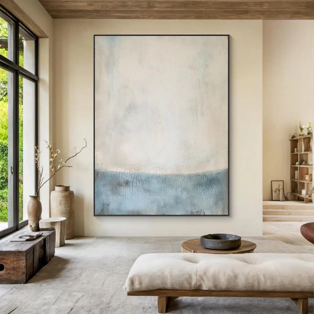 Wabi Sabi Cracked Texture Abstract Art – Light Blue and Beige Minimalist Wall Painting for Modern Living Room