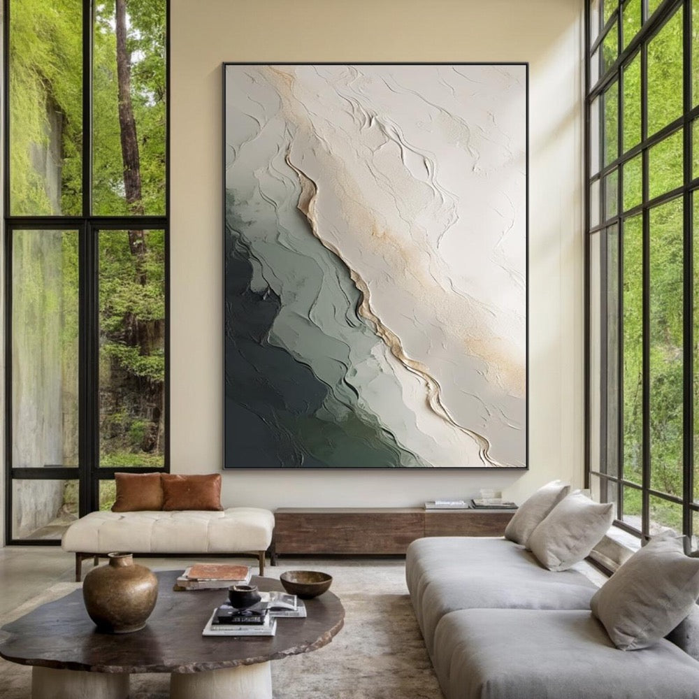 Large Abstract Textured Oil Painting on Canvas, Modern Neutral Beige Green Wall Art, Minimalist 3D Artwork for Living