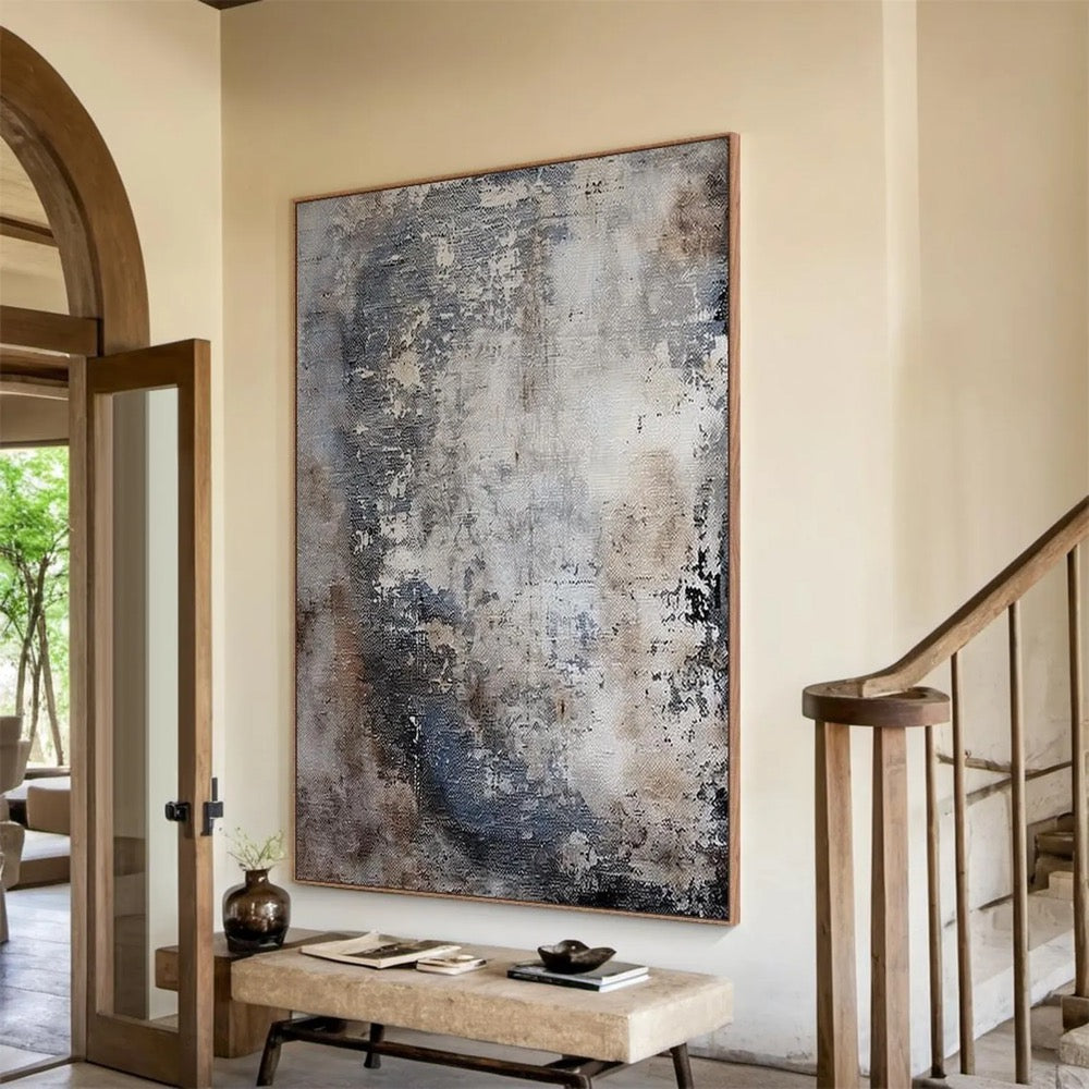 Large blue brown abstract oil painting decorative painting, gray beige canvas simple handmade painting