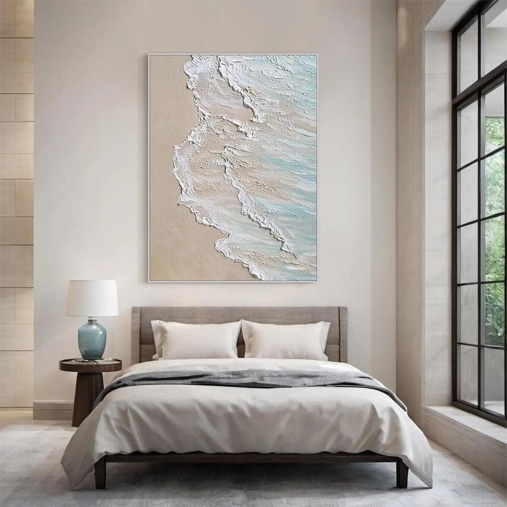 Large white textured abstract art, blue ocean oil painting, beige beach handmade painting on canvas, modern natural living room decor