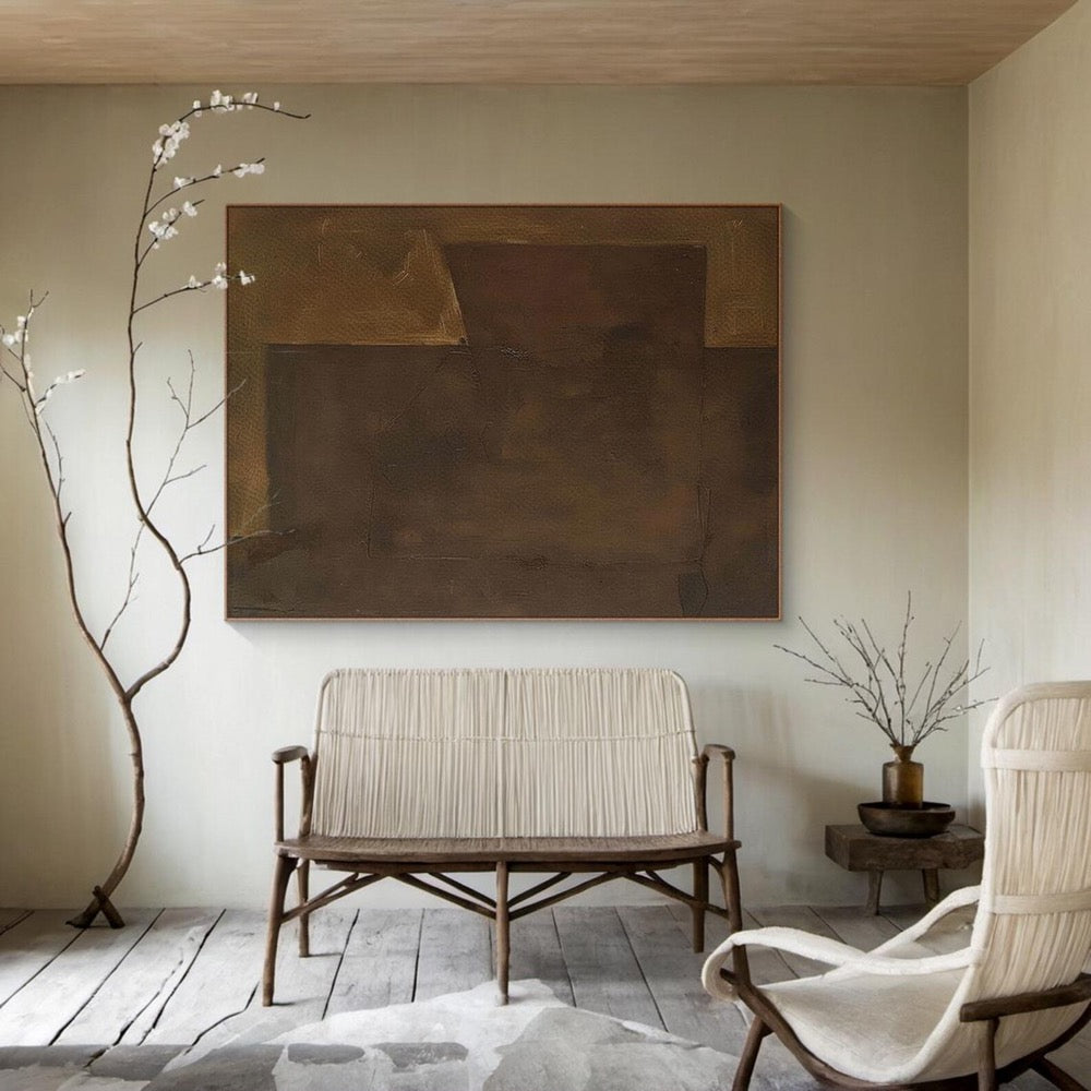 Large brown abstract oil painting decorative painting, light brown canvas simple handmade painting, modern living
