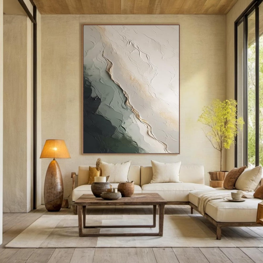 Large Abstract Textured Oil Painting on Canvas, Modern Neutral Beige Green Wall Art, Minimalist 3D Artwork for Living