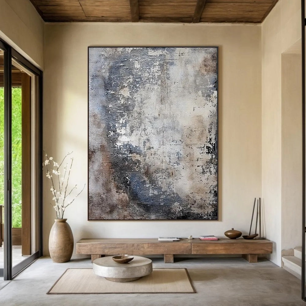 Large blue brown abstract oil painting decorative painting, gray beige canvas simple handmade painting