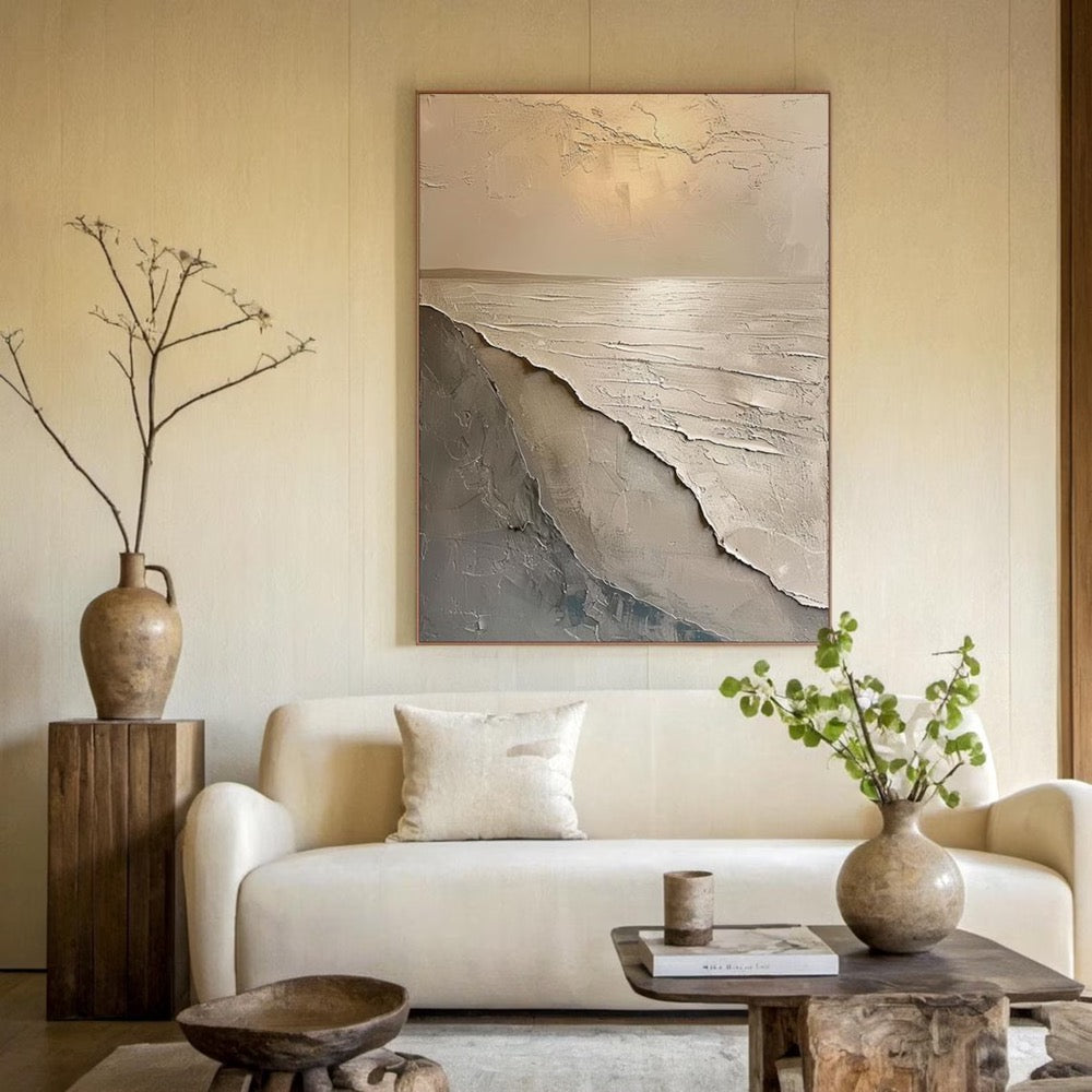 3D Textured Wabi Sabi Ocean Wall Art – Minimalist Earth Tone Canvas Painting, Coastal Beach Sand Art for Modern Living Room Decor