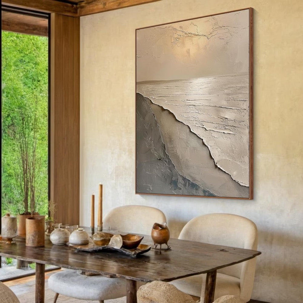 3D Textured Wabi Sabi Ocean Wall Art – Minimalist Earth Tone Canvas Painting, Coastal Beach Sand Art for Modern Living Room Decor