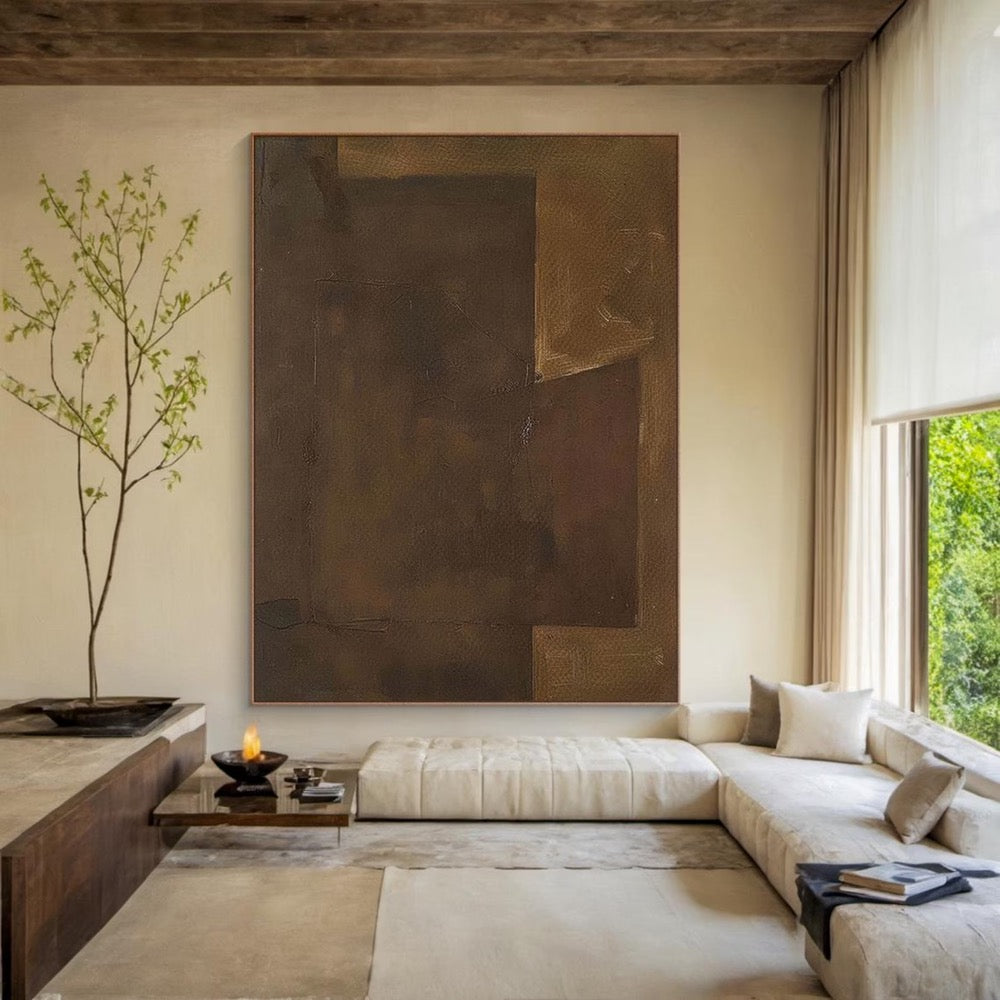 Large brown abstract oil painting decorative painting, light brown canvas simple handmade painting, modern living