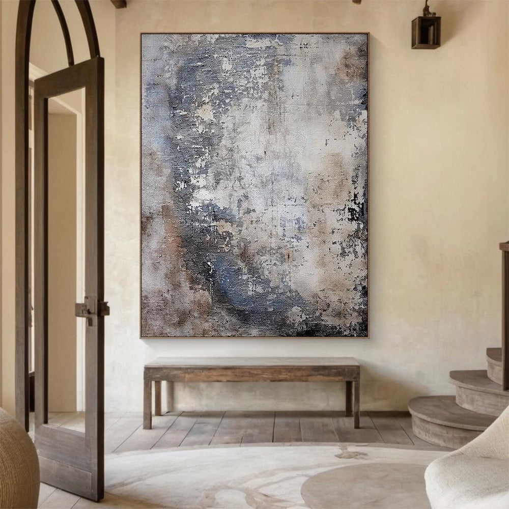 Large blue brown abstract oil painting decorative painting, gray beige canvas simple handmade painting
