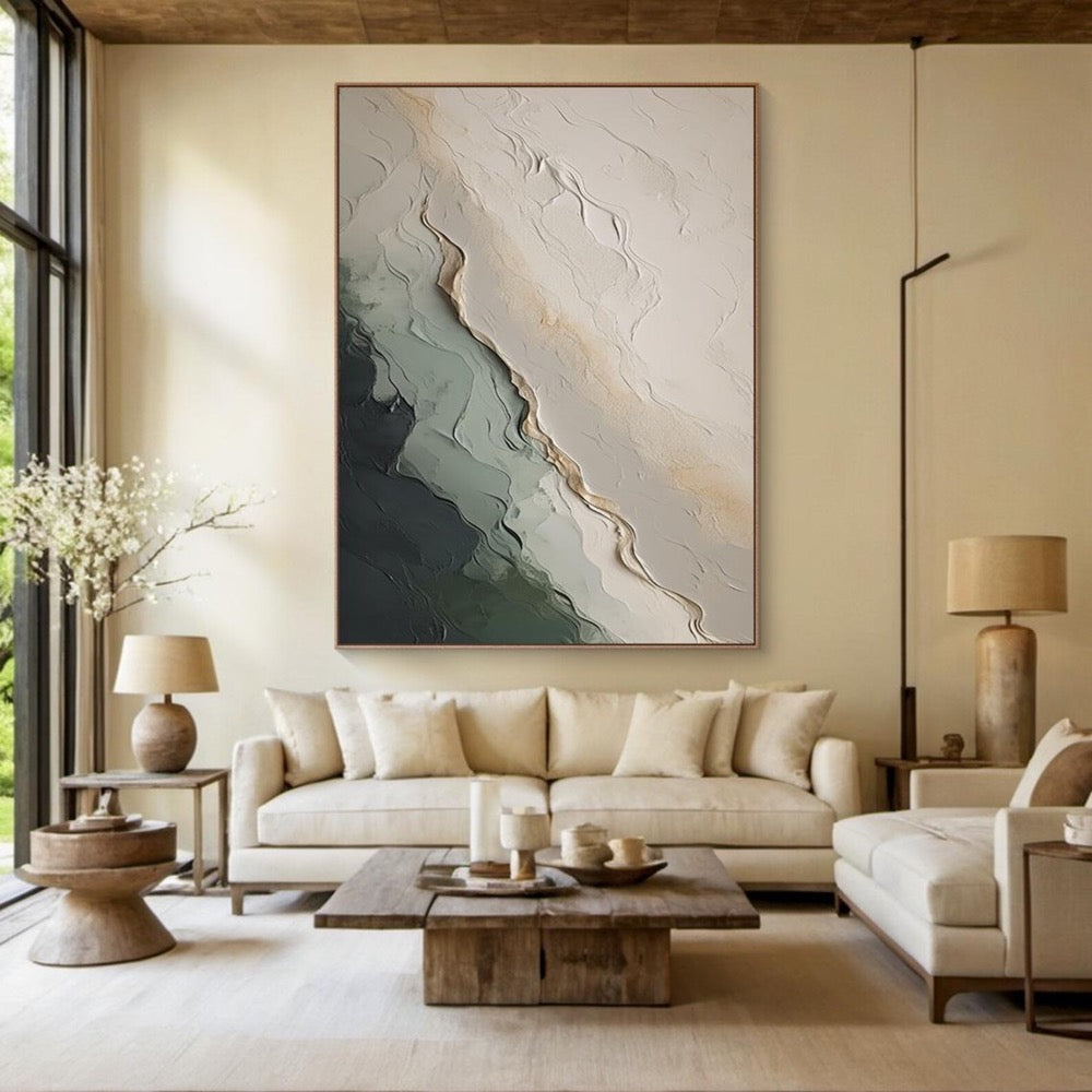 Large Abstract Textured Oil Painting on Canvas, Modern Neutral Beige Green Wall Art, Minimalist 3D Artwork for Living