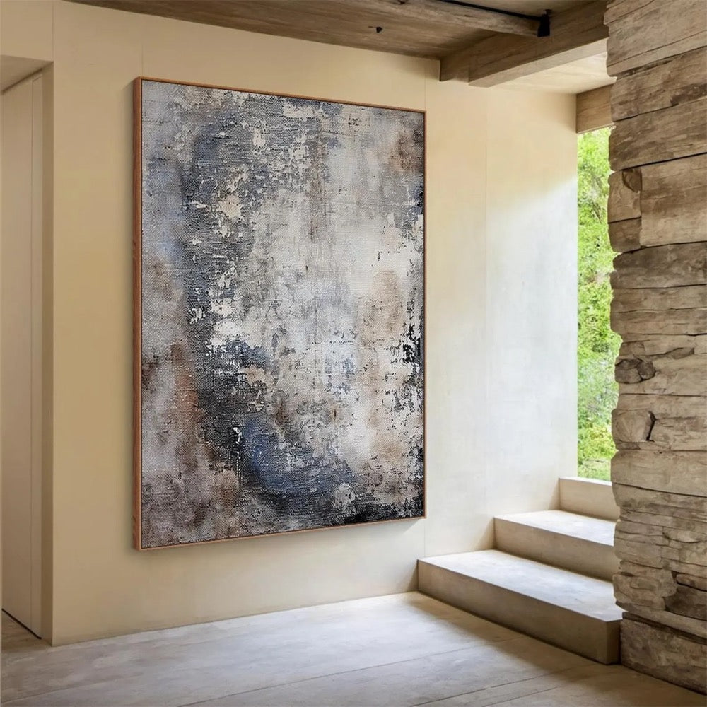 Large blue brown abstract oil painting decorative painting, gray beige canvas simple handmade painting