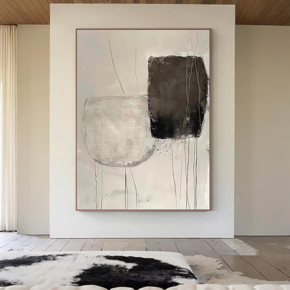 Minimalist Abstract Black and White Painting on Canvas, Modern Neutral Wall Art, Large Contemporary Artwork