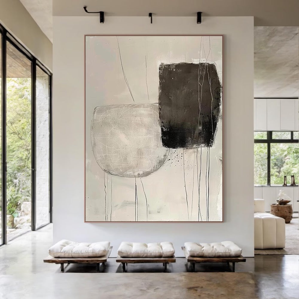 Minimalist Abstract Black and White Painting on Canvas, Modern Neutral Wall Art, Large Contemporary Artwork
