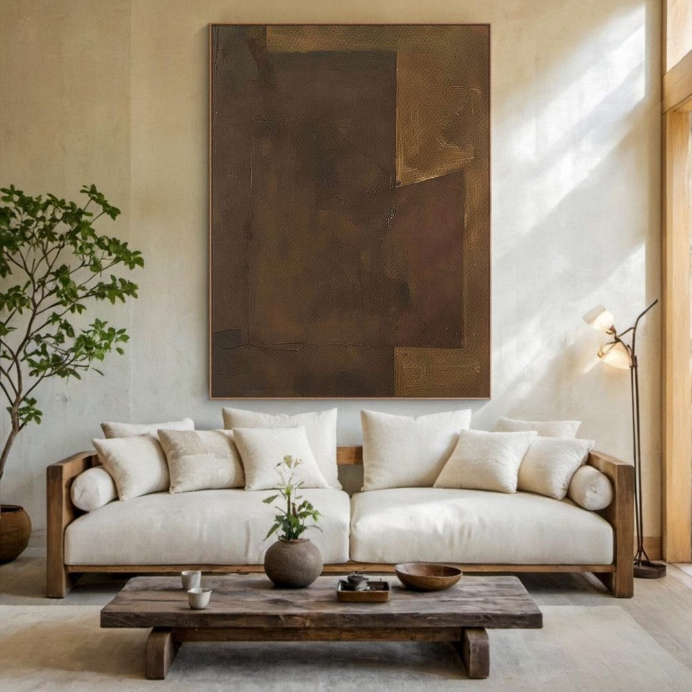 Large brown abstract oil painting decorative painting, light brown canvas simple handmade painting, modern living
