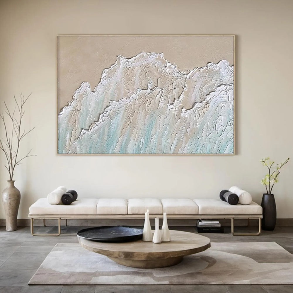 Large white textured abstract art, blue ocean oil painting, beige beach handmade painting on canvas, modern natural living room decor