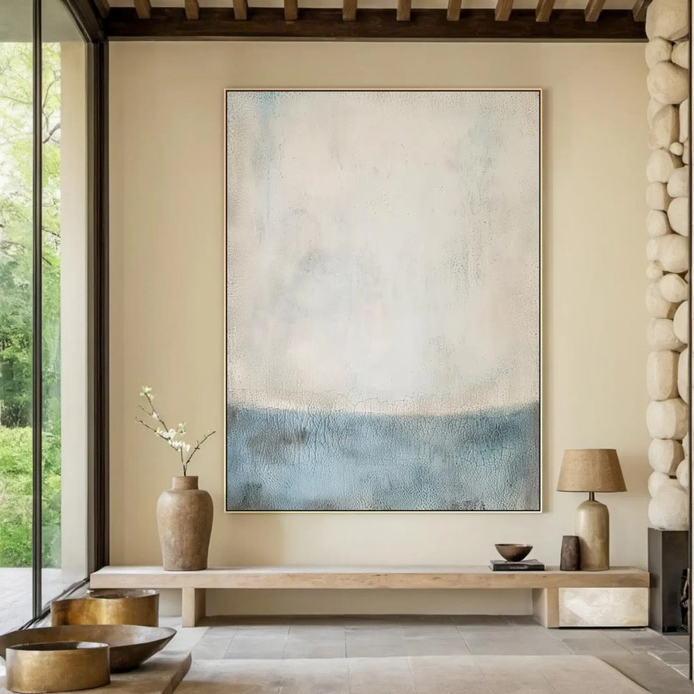 Wabi Sabi Cracked Texture Abstract Art – Light Blue and Beige Minimalist Wall Painting for Modern Living Room