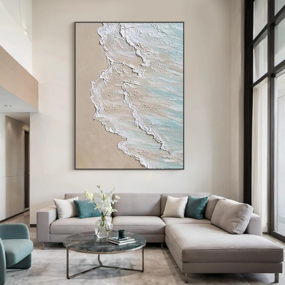 Large white textured abstract art, blue ocean oil painting, beige beach handmade painting on canvas, modern natural living room decor