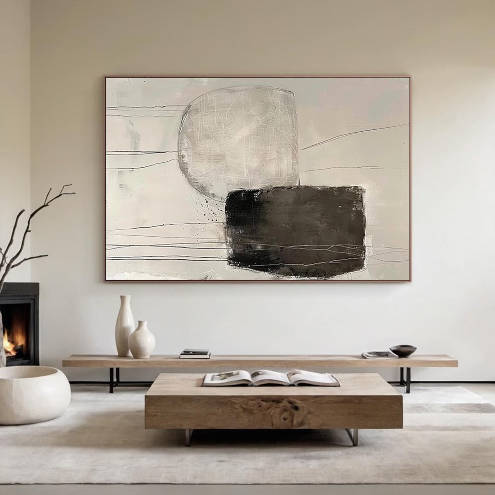 Minimalist Abstract Black and White Painting on Canvas, Modern Neutral Wall Art, Large Contemporary Artwork